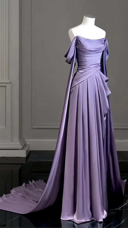 Elegant Purple Satin Prom Dress, Draped Bodice Formal Party Dress