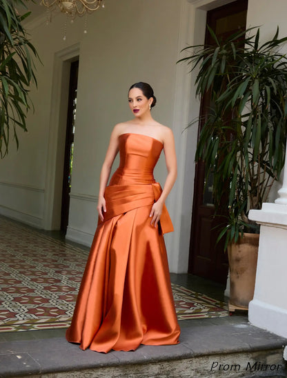 Elegant Strapless Orange Satin Long Prom Dress, Evening Dresses