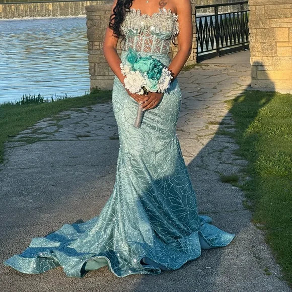 Elegant Teal Strapless Prom Gown