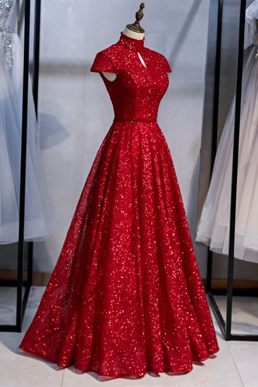 Elegant High Neck Grey Sequined Long Evening Dress
