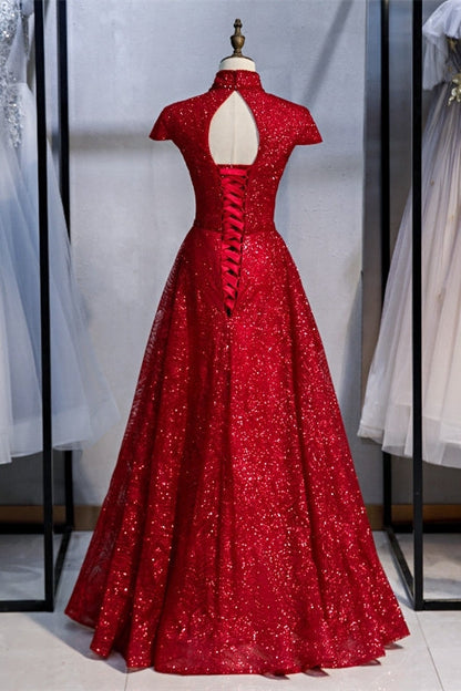 Elegant High Neck Grey Sequined Long Evening Dress