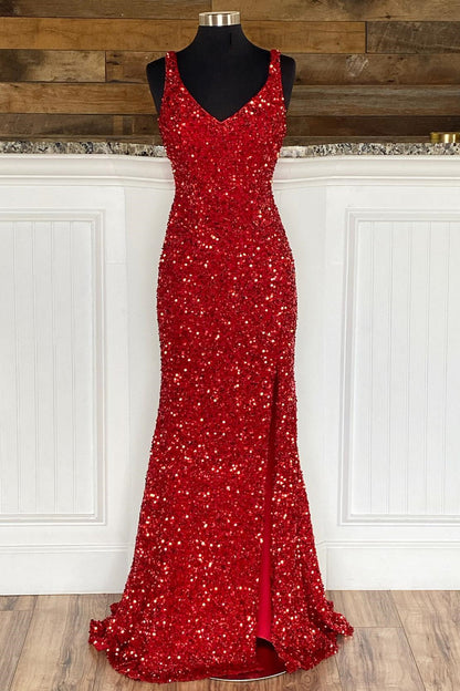 Elegant Red Sequin Mermaid Long Formal Dress with Slit