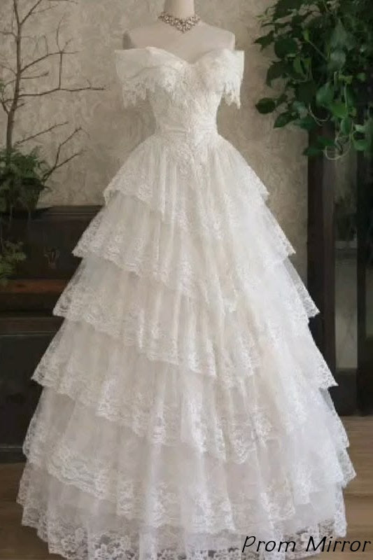 Elegant White Off The Shoulder Lace Tiered Ruffles Wedding Dresses