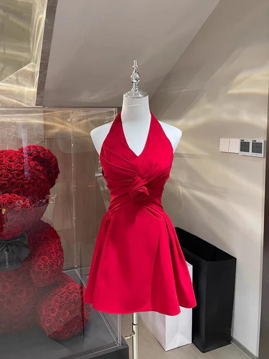 Simple A Line Halter Red Chiffon Floral Short Formal Homecoming Dresses Party Graduation Dress Hoco Dresses