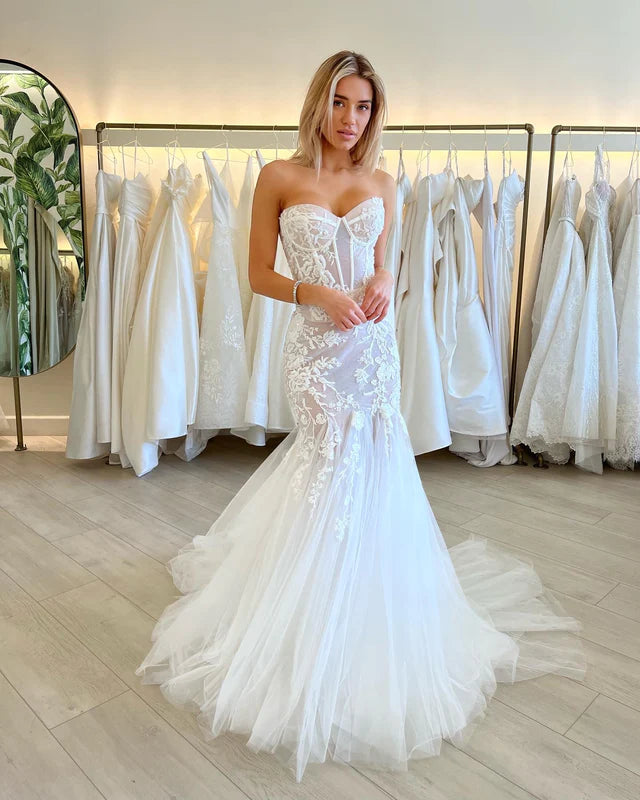 Mermaid Sweetheart Tulle White Wedding Dress