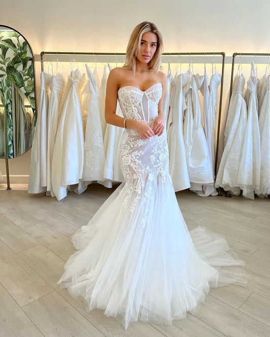Mermaid Sweetheart Tulle White Wedding Dress