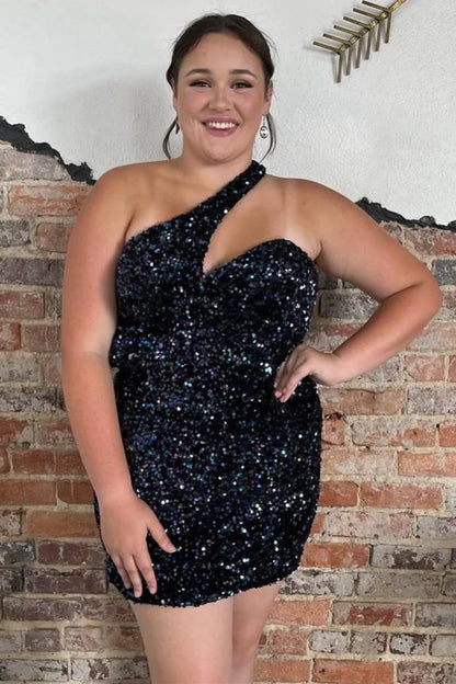 Asymmetrical Sequin Bodycon Homecoming Dress One Shoulder Cocktail Dress Plus Size