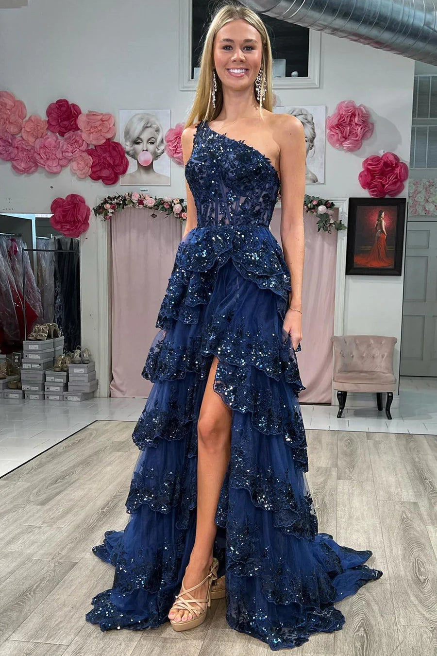 One Shoulder Ruffles Sequined Lace Prom Evening Dresses