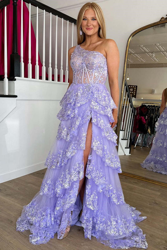 One Shoulder Ruffles Sequined Lace Prom Evening Dresses