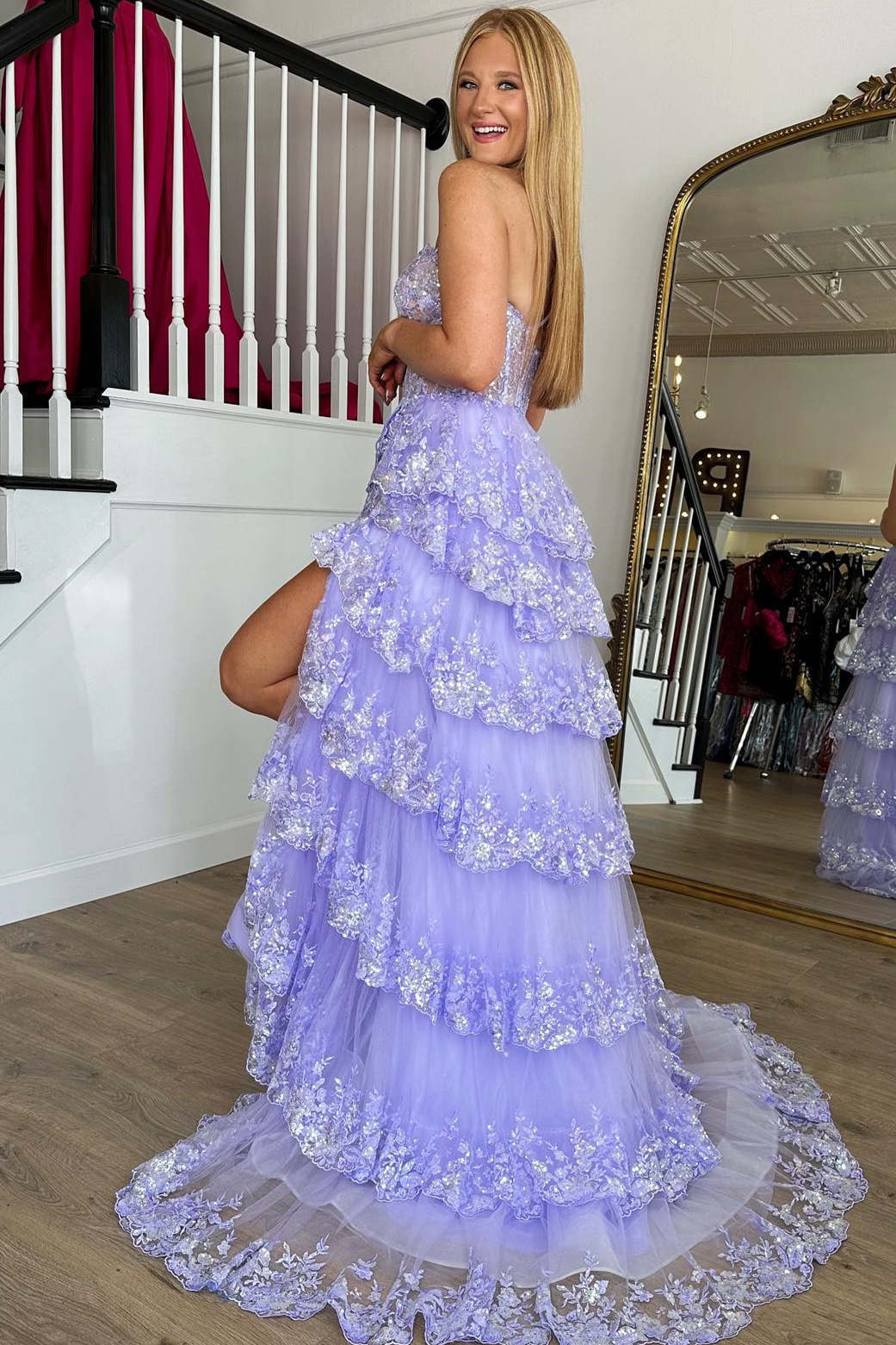 One Shoulder Ruffles Sequined Lace Prom Evening Dresses