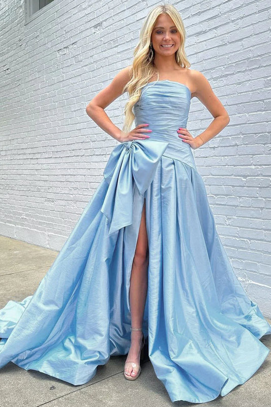 Lovely Light Blue Strapless A-Line Satin Prom Dresses