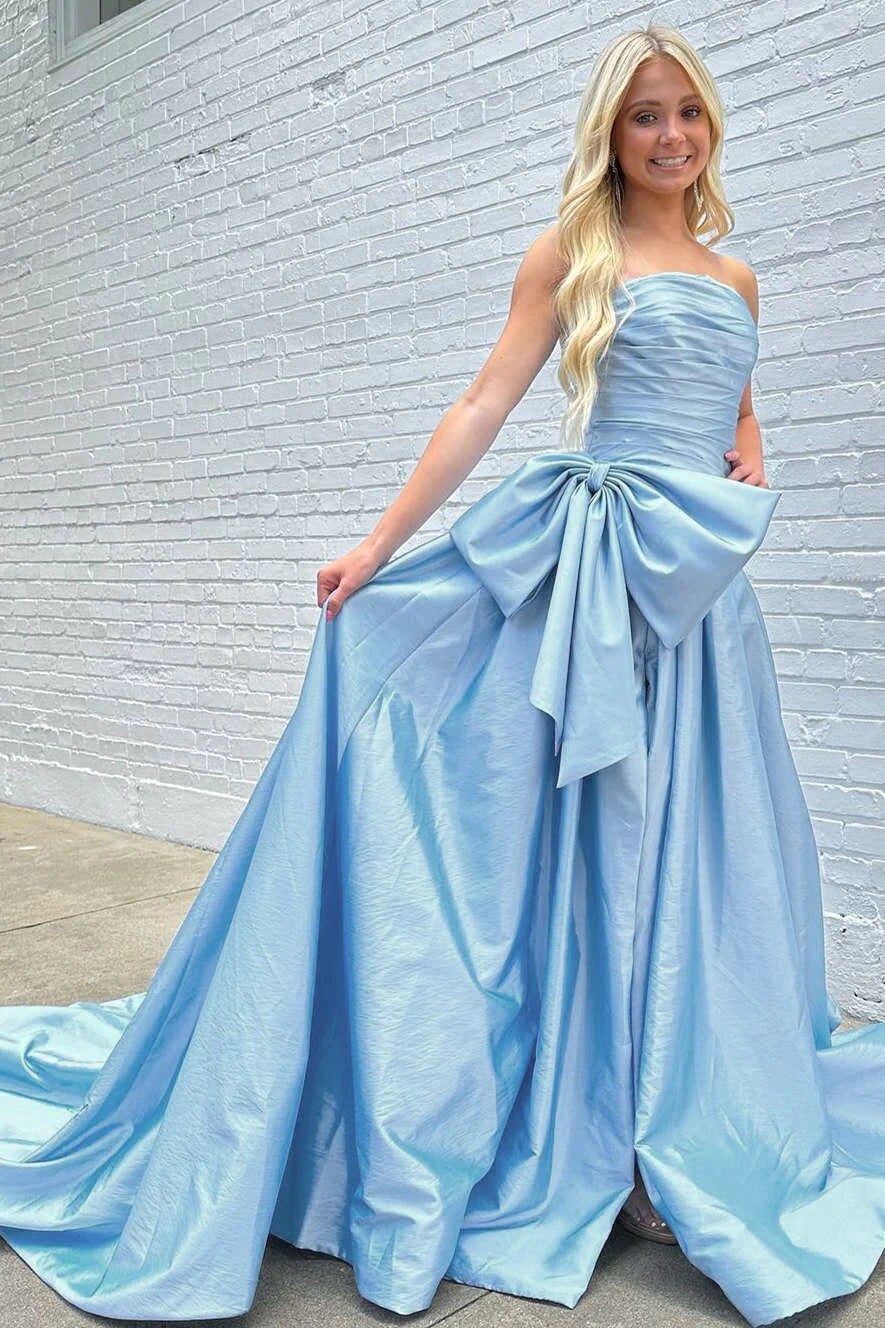 Lovely Light Blue Strapless A-Line Satin Prom Dresses