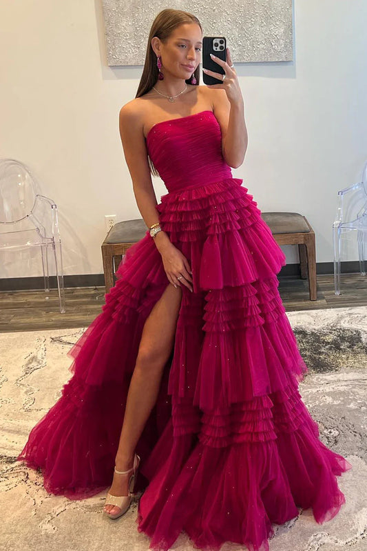 Fuchsia Strapless Tulle Multi-Layers Long Evening Prom Dress