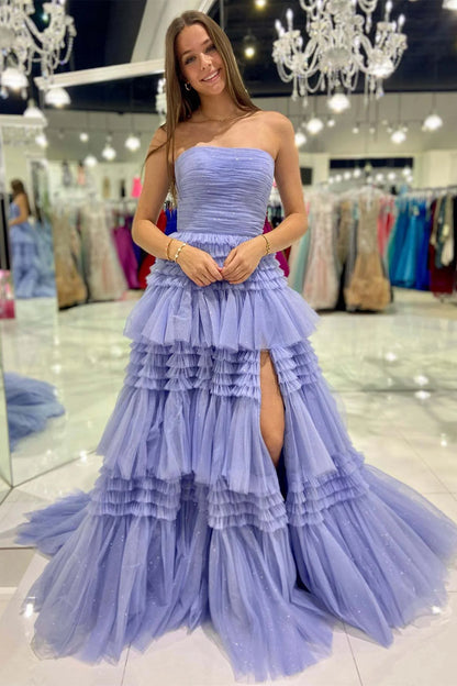 Fuchsia Strapless Tulle Multi-Layers Long Evening Prom Dress