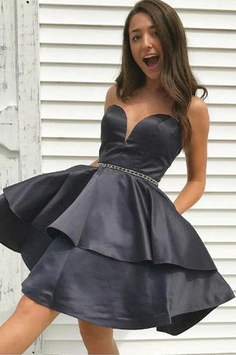 Fashion Strapless Dark Grey Short Homecoming Dresses Prom Graduation Dress