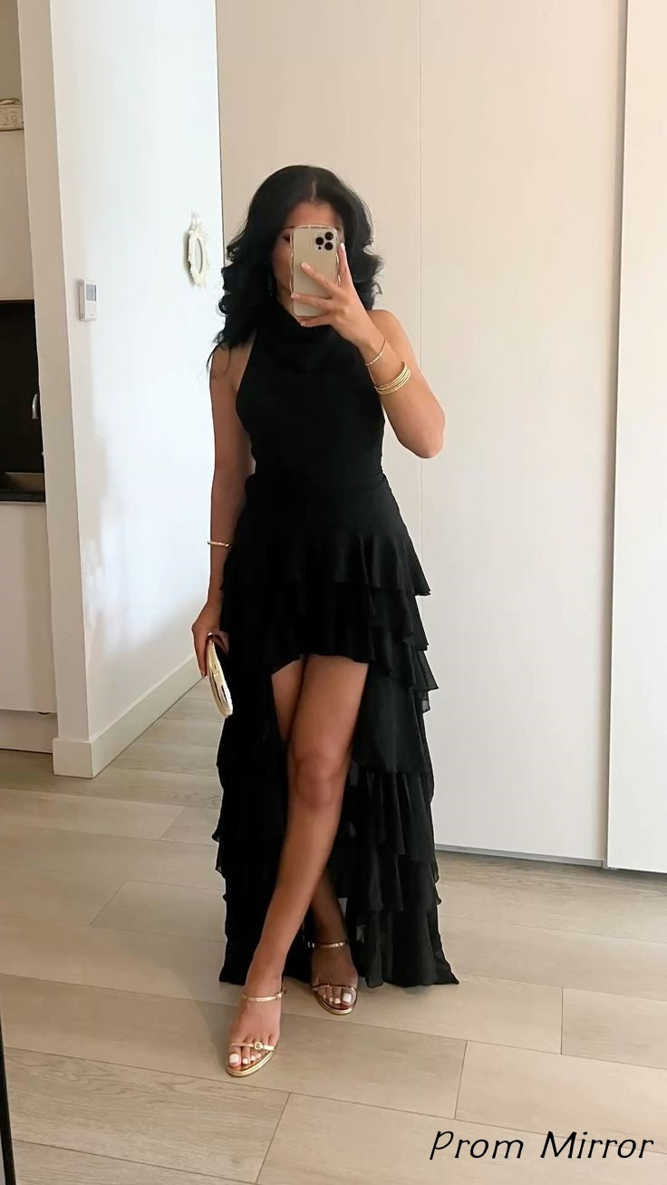 Fashion Black Sleeveless Mermaid Ruffles Chiffon Prom Dress
