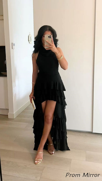 Fashion Black Sleeveless Mermaid Ruffles Chiffon Prom Dress