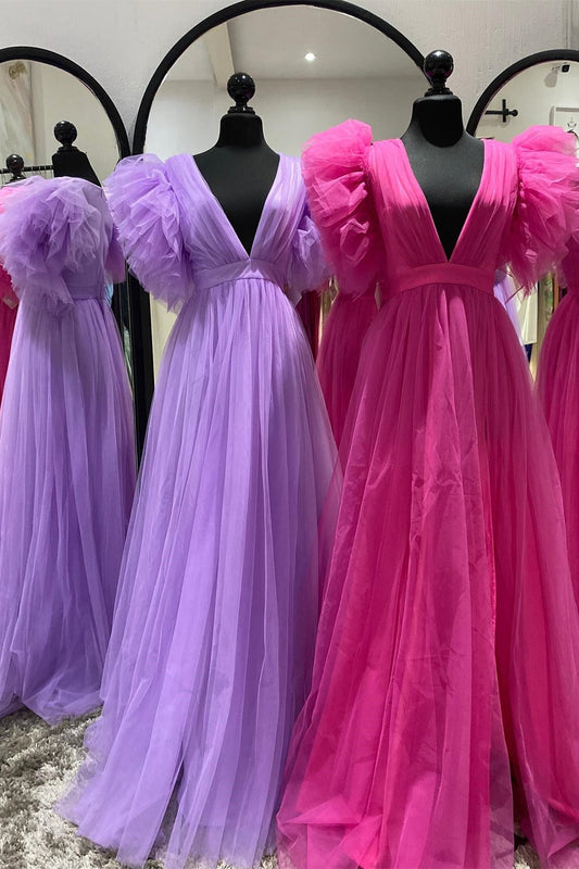 Flare Sleeves Light Purple Tulle Long Formal Dress