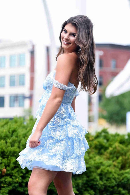 Floral Lace Ruffles Homecoming Dresses, Light Blue Sequined Lace Hoco Dresses