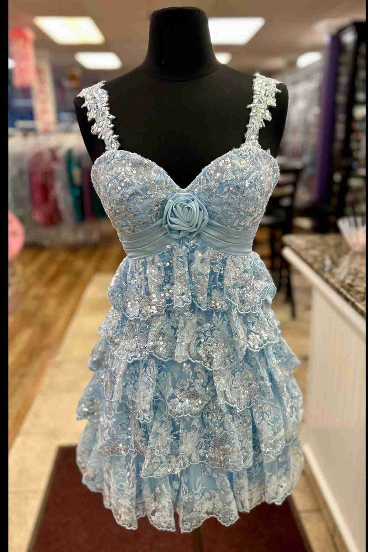 Floral Lace Ruffles Homecoming Dresses, Light Blue Sequined Lace Hoco Dresses