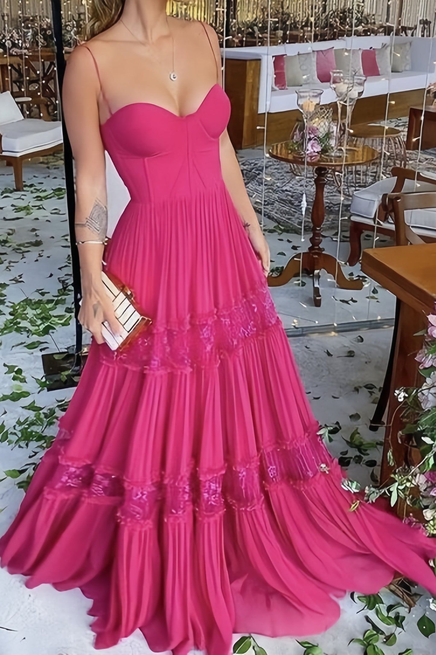 Fuchsia A-Line Chiffon Long Prom Dress