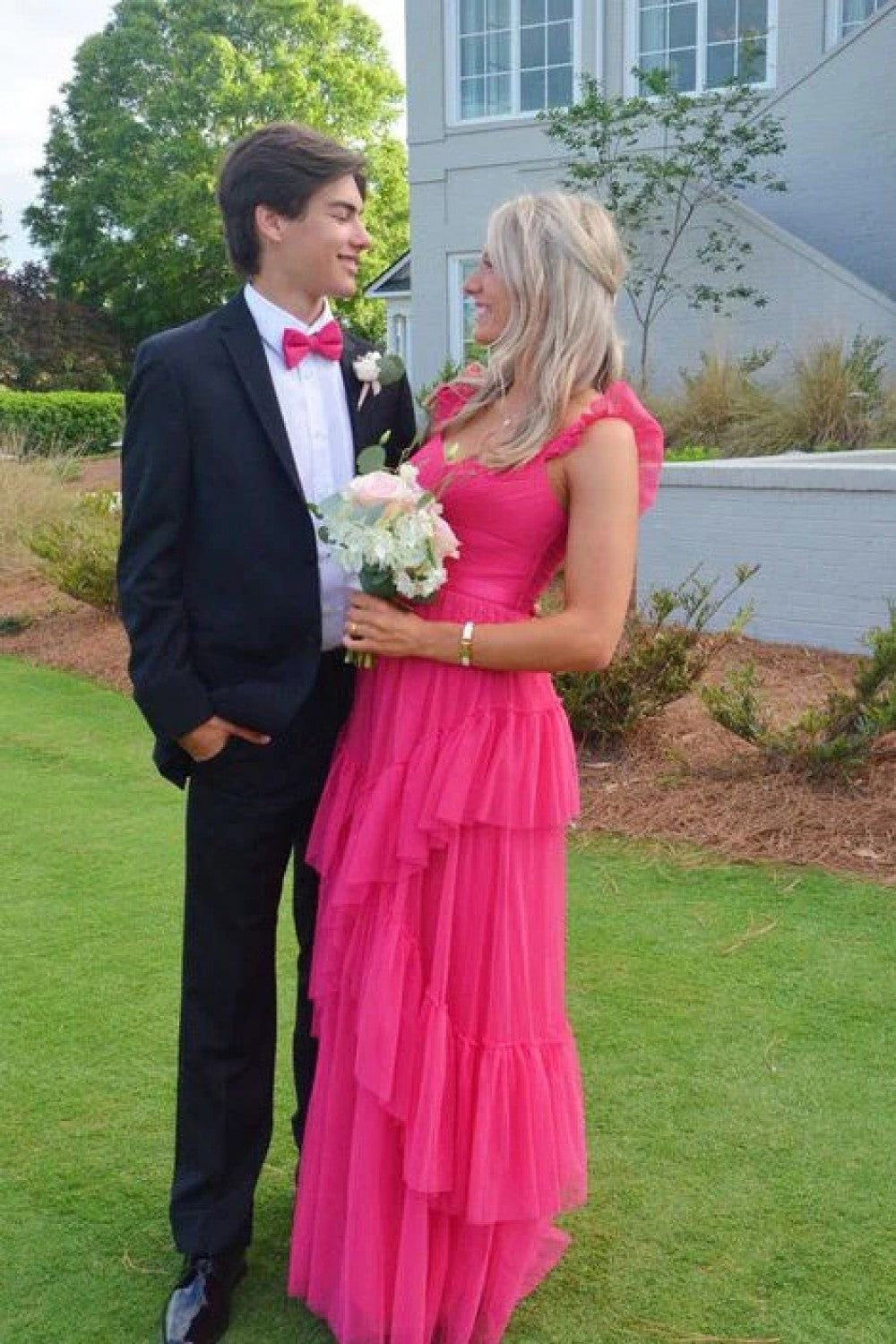 Fuchsia Pink Layers Ruffle Prom Dresses