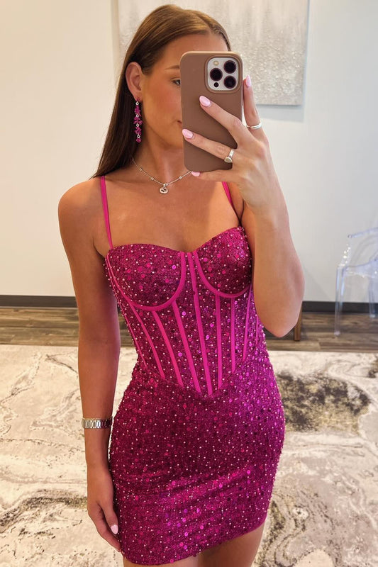 Fuchsia Sequin Bodycon Homecoming Dresses Tight Cocktail Dress