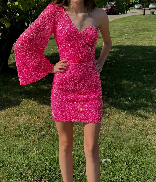 Fuchsia Sequin Homecoming Dresses One Sleeve Mini Party Gown