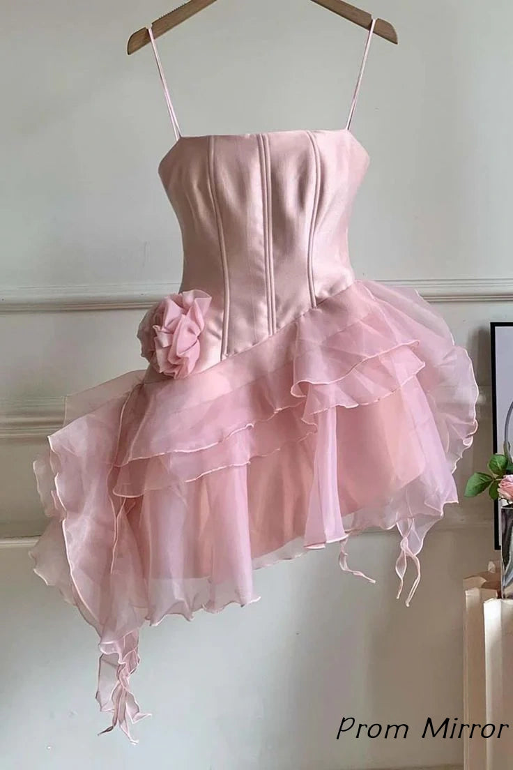 Charming Pink Spaghetti Straps Tulle Satin A-Line Mini Homecoming Dress Short Party Dress