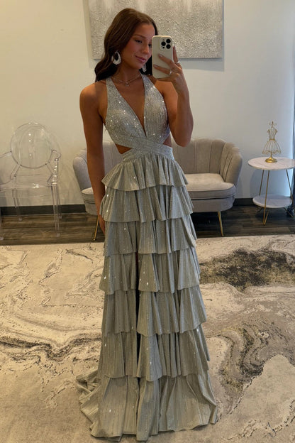 Sexy Sparkly Black A-Line V-Neck Layered Beaded Prom Dress with Leg Slit