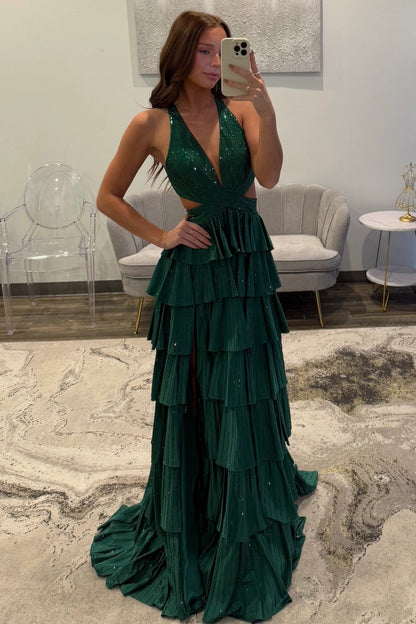 Sexy Sparkly Black A-Line V-Neck Layered Beaded Prom Dress with Leg Slit
