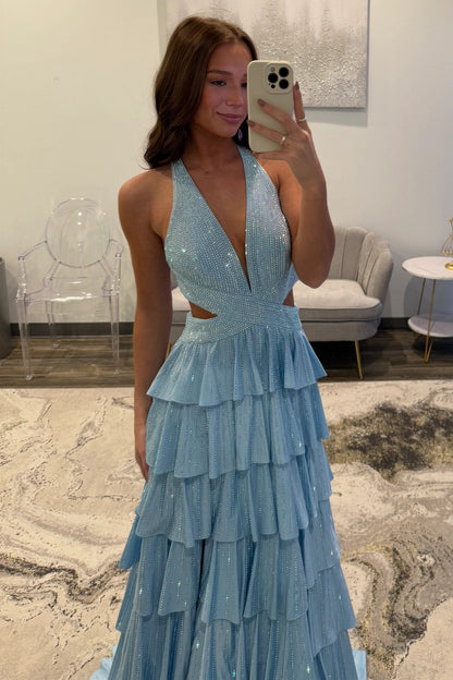 Sexy Sparkly Black A-Line V-Neck Layered Beaded Prom Dress with Leg Slit