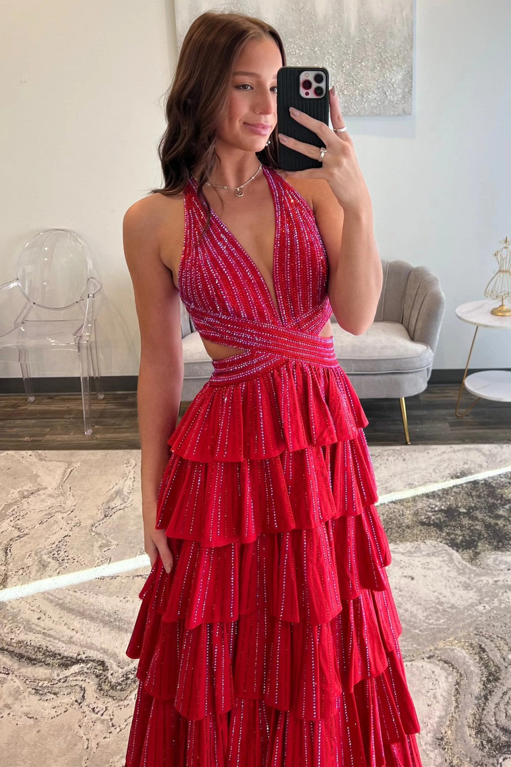 Sexy Sparkly Black A-Line V-Neck Layered Beaded Prom Dress with Leg Slit