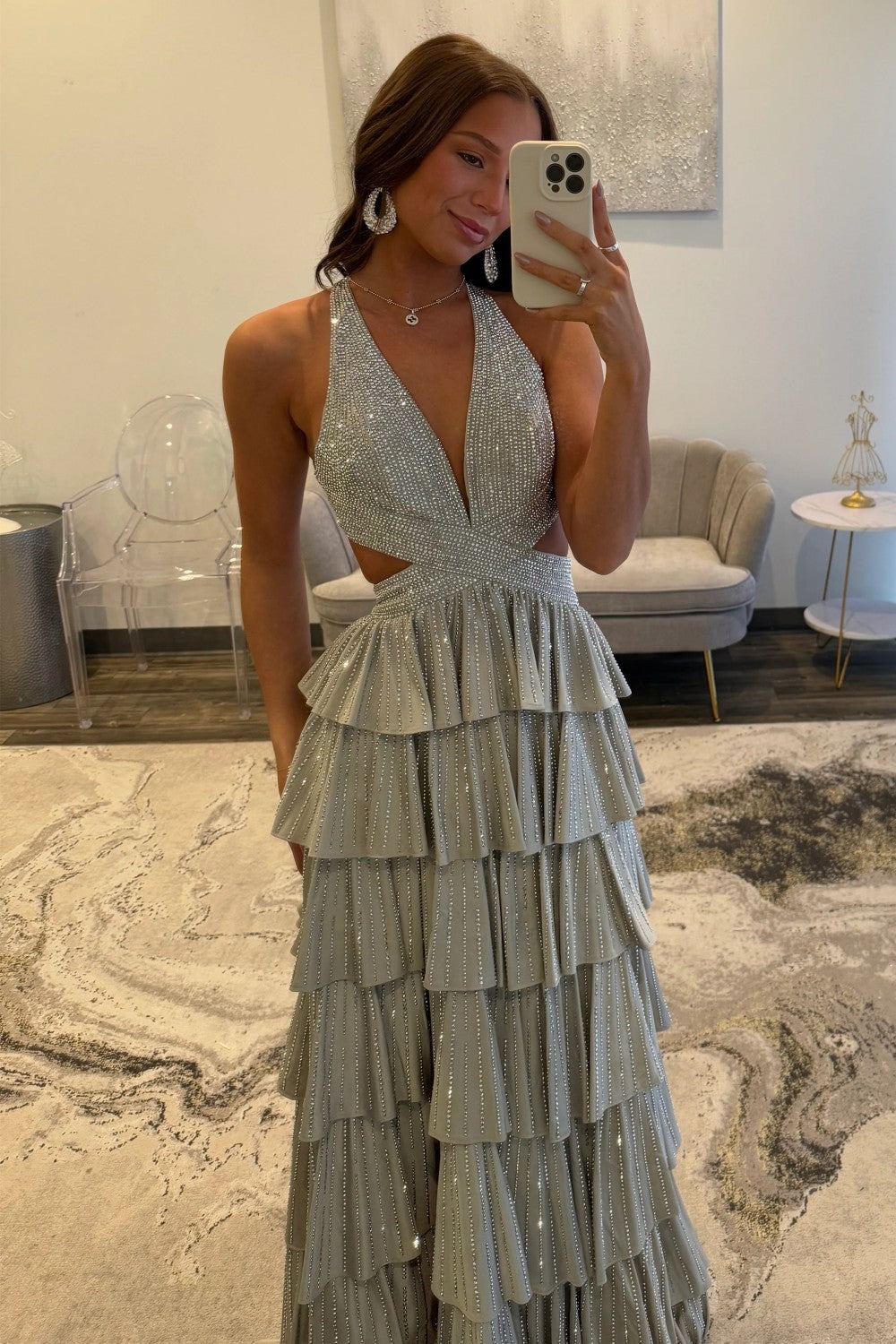 Sexy Sparkly Black A-Line V-Neck Layered Beaded Prom Dress with Leg Slit