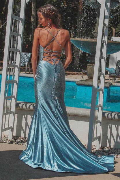 Glitter Beaded Criss Cross Back Mermaid Prom Dress