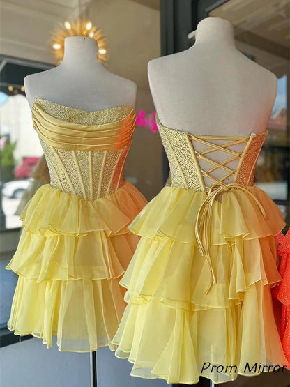 Glitter Strapless Chiffon Ruffle Short Homecoming Dresses