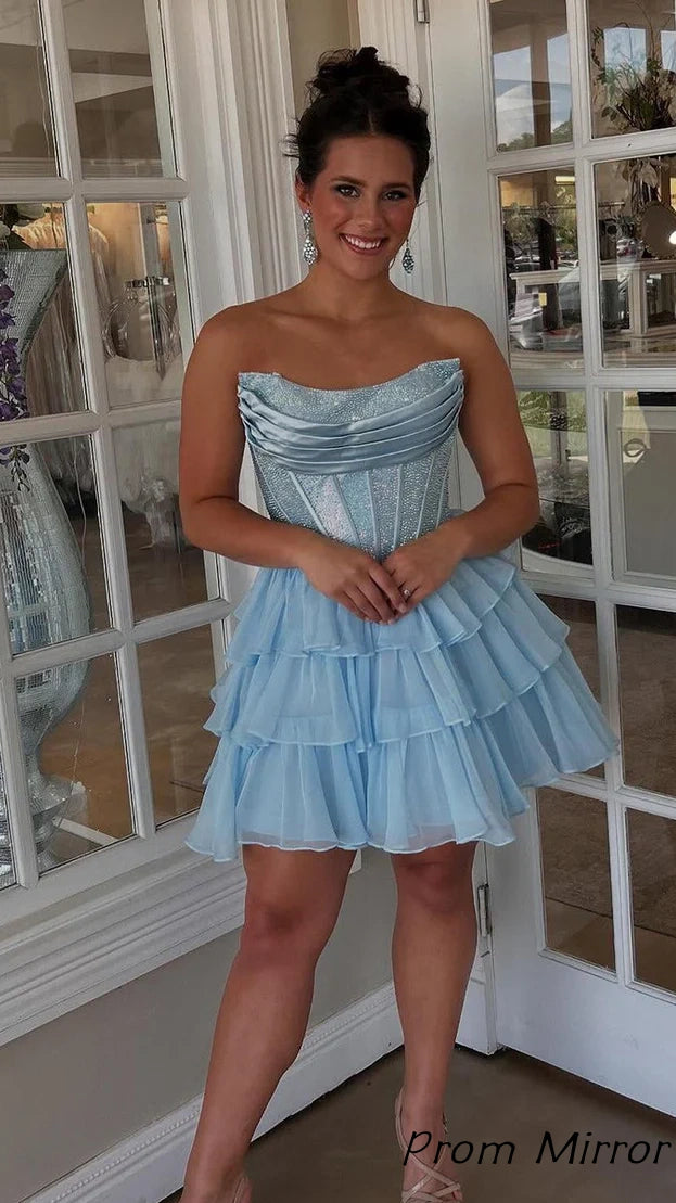 Glitter Strapless Chiffon Ruffle Short Homecoming Dresses