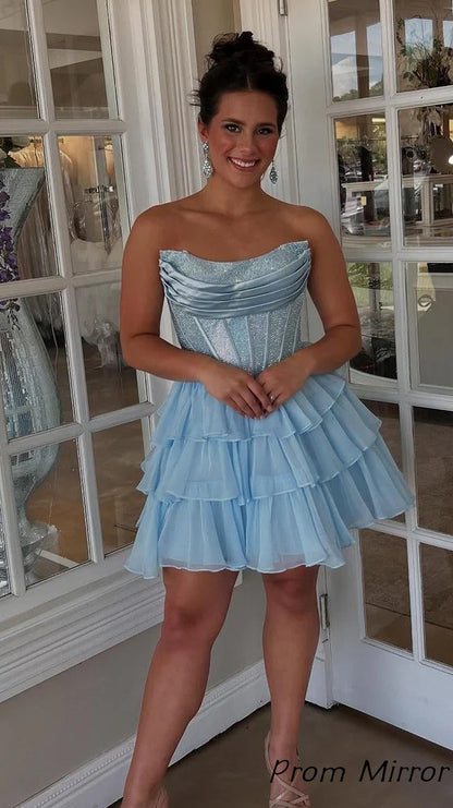 Glitter Strapless Chiffon Ruffle Short Homecoming Dresses