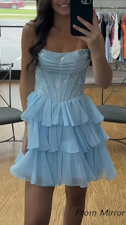Glitter Strapless Chiffon Ruffle Short Homecoming Dresses