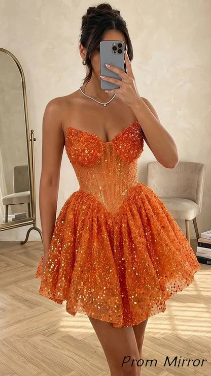 Glitter Sweetheart A-Line Homecoming Dresses Sequin Corset Hoco Dress
