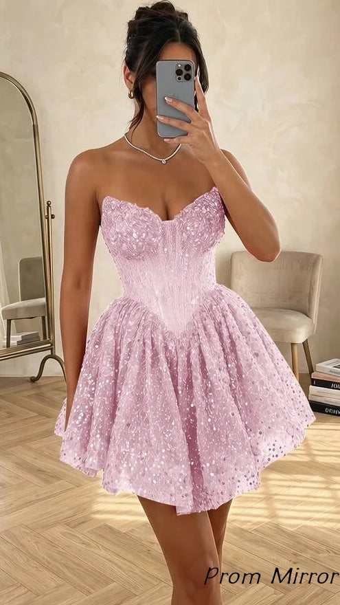 Glitter Sweetheart A-Line Homecoming Dresses Sequin Corset Hoco Dress
