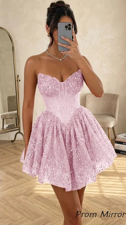 Glitter Sweetheart A-Line Homecoming Dresses Sequin Corset Hoco Dress