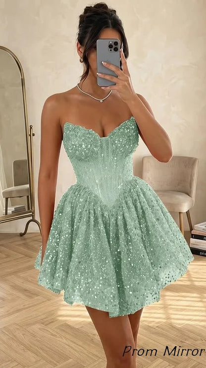 Glitter Sweetheart A-Line Homecoming Dresses Sequin Corset Hoco Dress
