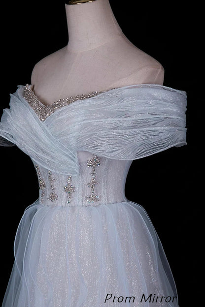 Glitter White Off-Shoulder Beaded Waist Tulle Evening Gown with Ruffled Skirt