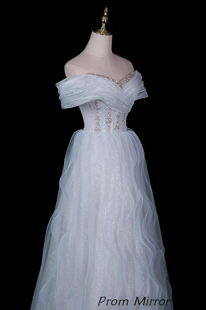 Glitter White Off-Shoulder Beaded Waist Tulle Evening Gown with Ruffled Skirt