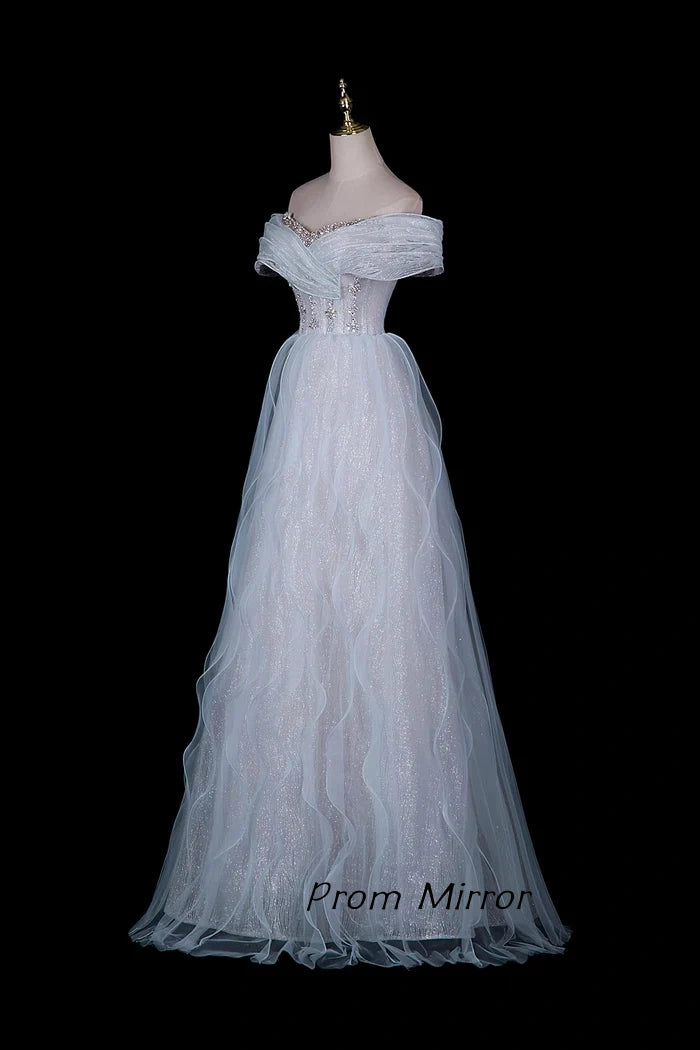 Glitter White Off-Shoulder Beaded Waist Tulle Evening Gown with Ruffled Skirt