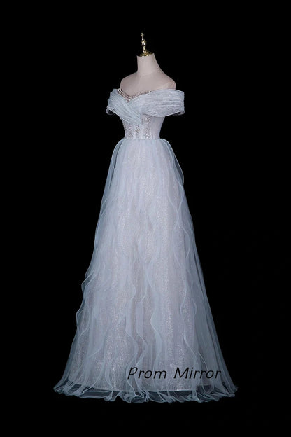 Glitter White Off-Shoulder Beaded Waist Tulle Evening Gown with Ruffled Skirt