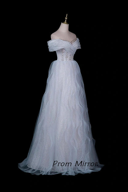 Glitter White Off-Shoulder Beaded Waist Tulle Evening Gown with Ruffled Skirt