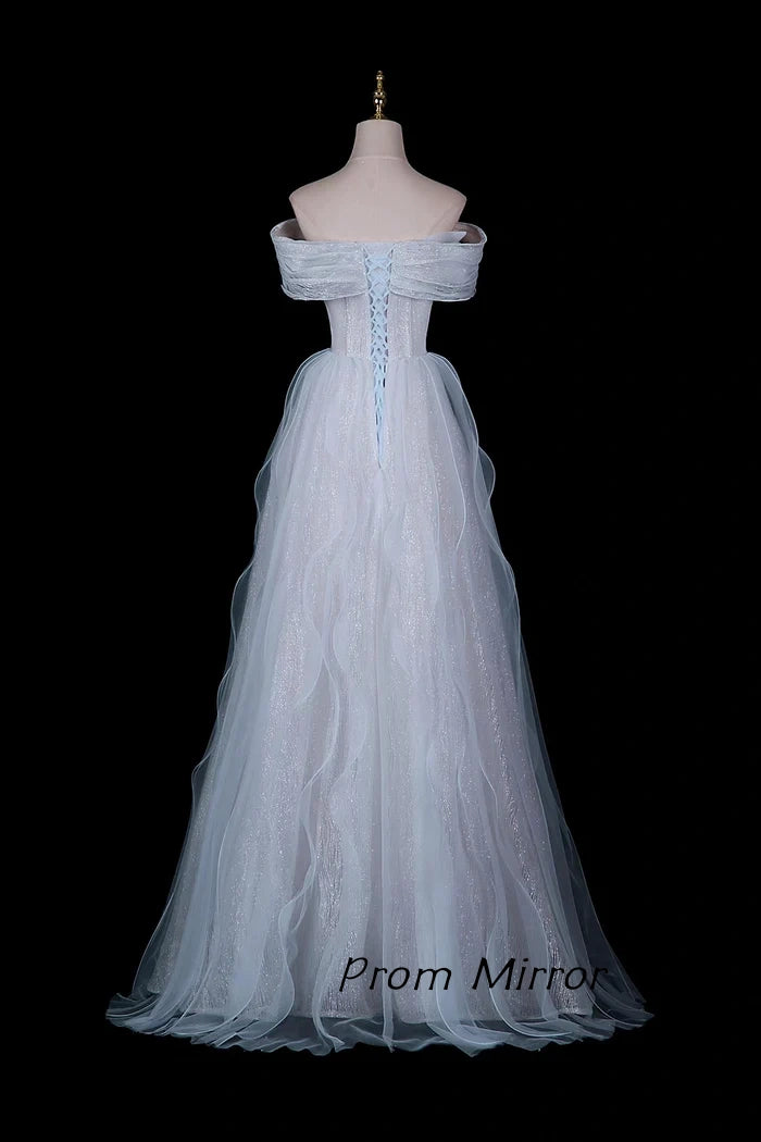 Glitter White Off-Shoulder Beaded Waist Tulle Evening Gown with Ruffled Skirt