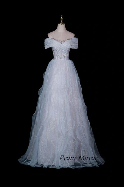 Glitter White Off-Shoulder Beaded Waist Tulle Evening Gown with Ruffled Skirt